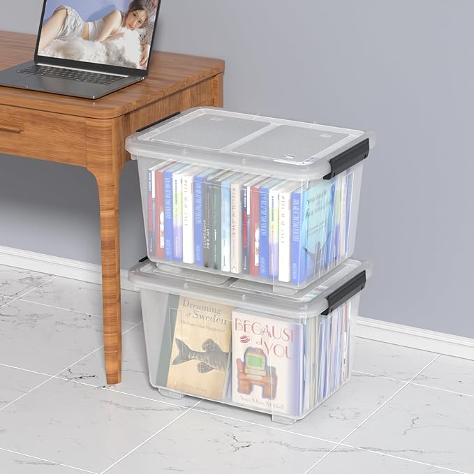 Ggbin 30 Quart Clear Latching Container Bin with Wheels, Plastic Lidded Storage Bins Set of 4