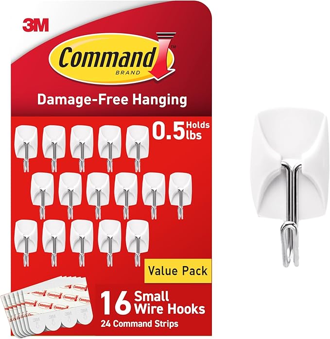 Command Small Wire Toggle Hooks, 16 Hooks and 24 Strips, Damage-Free Hanging Wall Hook with Adhesive, No Tools Required, Great for Home, Kitchen, and Office Organization, Holds up to 0.5 lb