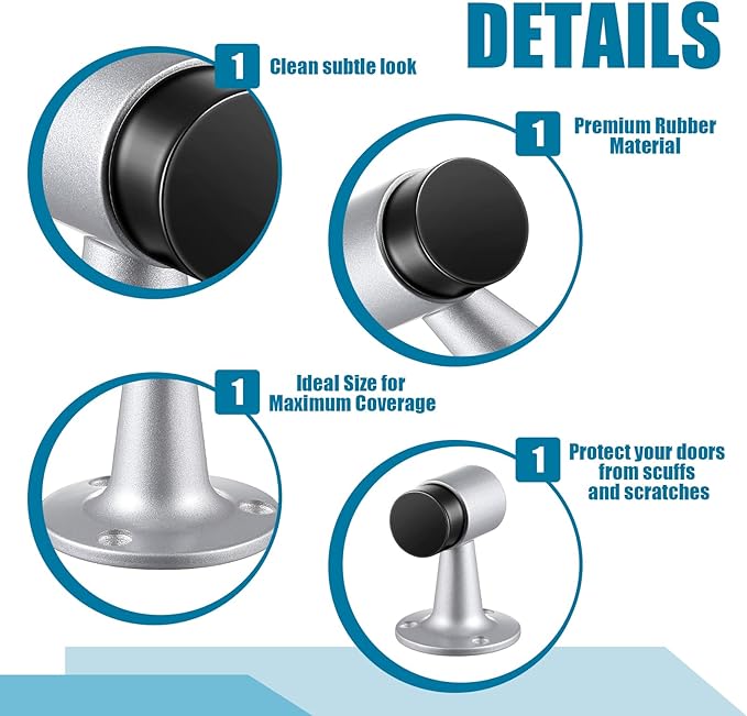 4 Pack Heavy Duty Floor Mounted Door Stop 3 in Aluminum Commercial Grade Door Stopper with Rubber Bumper & Stainless Steel Screws (Sliver)