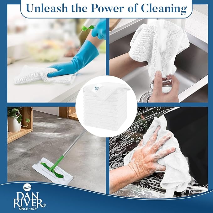 DAN RIVER 24-Pack White Microfiber Towels – Ultra Absorbent, Lint Free Towels & Streak-Free for Home, Car & Kitchen - Must-Have Cleaning Essentials - 12" x 12"