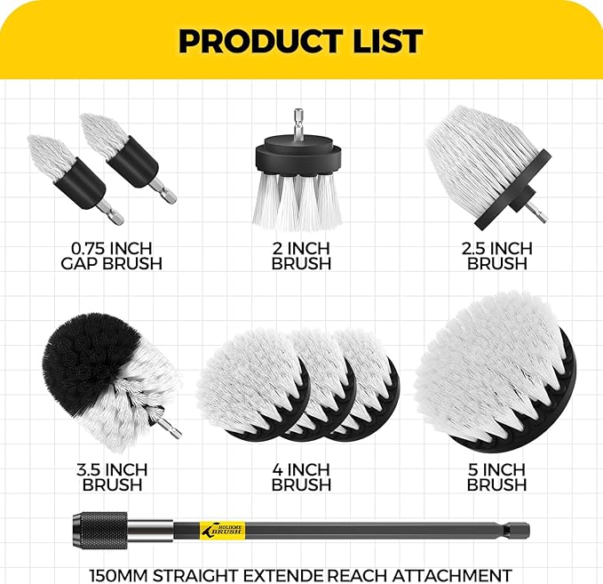 Holikme 10Pieces Drill Brush Attachments Set, Power Scrubber Brush with Extend Long Attachment，Scrub Brush，Shower Scrubber，Cleaning Supplies，Bathtub, Bathroom, Kitchen,White