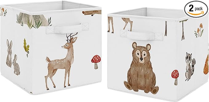 Sweet Jojo Designs Woodland Forest Animals Boy Girl Gender Neutral Unisex Collapsible Fabric Storage Cubes Foldable Bins Organizer Boxes Kids Baby Childrens Toys 2 Set - Animal Friends Bear Watercolor