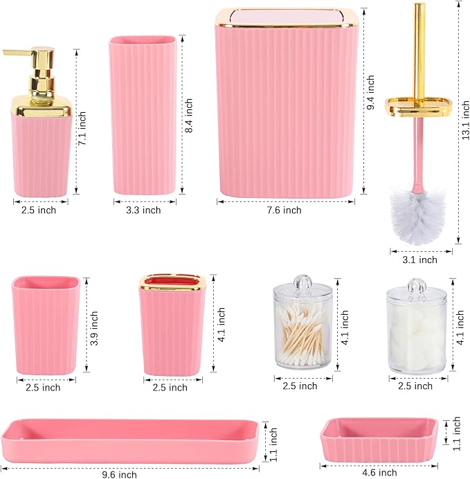 Bathroom Accessory Set,9 Pieces Pink Bathroom Accessories Set with Trash Can, Toothbrush Holder, Soap Dispenser, Toothbrush Cup, Vanity Tray, Soap Dish, Toilet Brush, Qtip Holder