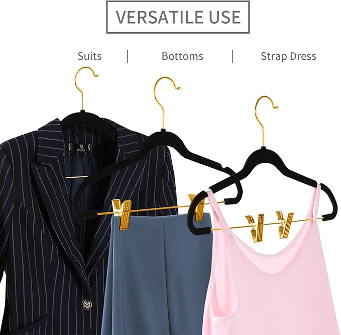 MIZGI Premium Velvet Pants Hangers with Adjustable Clips (Pack of 10) Slim Skirt Hangers- Non Slip Felt Outfit Dress Hangers Black - Gold Hooks,Space Saving Shirt Clothes Hangers