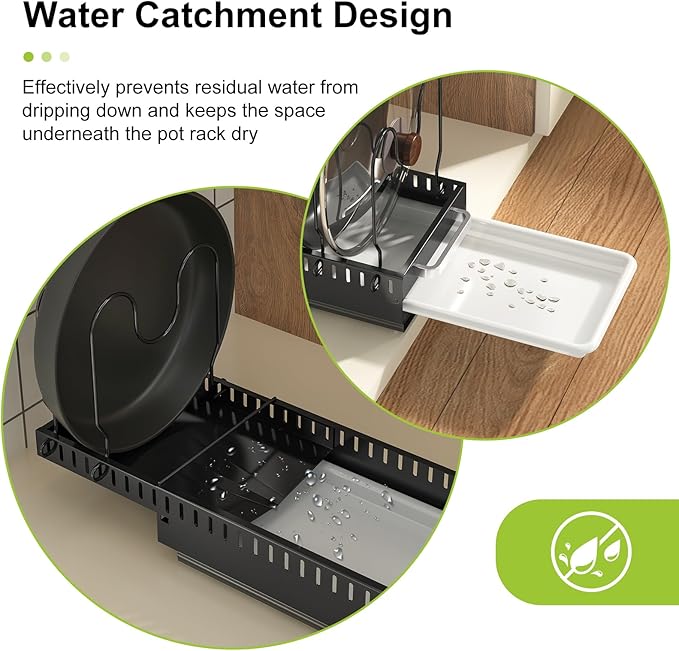 Pots and Pans Organizer Under Cabinet with Drain Board, Pull-out Expandable Pot Lid Organizer inside Cabinet Holder with 10 Adjustable Compartment, Rack for Cutting Board, Black (Pack of 2)