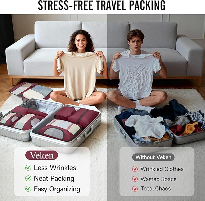 Veken 8 Set Packing Cubes for Travel Essentials, Christmas Gifts, Suitcase Organizer Bags in 4 Sizes, Carry-On Luggage Accessories with Large Laundry & Hanging Toiletry Bag, Must-Have for Airplane