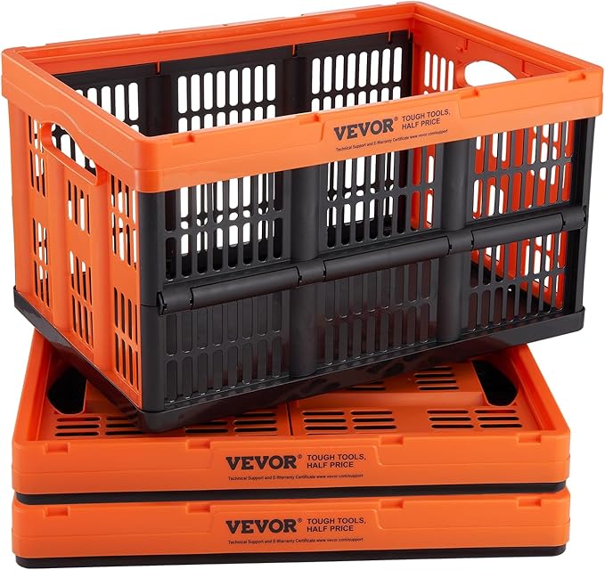VEVOR Plastic Collapsible Storage Basket, 45L 3 Packs, Folding Stackable Storage Containers/Bins with Handles, Large Heavy Duty Containers for Clothes, Toys, Books, Snack, Shoes and Grocery Organizing