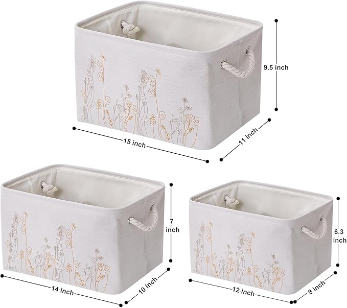Storage Basket 3 Pack, Fabric Storage Basket for Three Sizes，Floral embroidery,Collapsible Canvas Storage Baskets for Organizing,Shelf,Nursery,Home,Closet,with Cotton Rope Handle(Off White-3PCS)