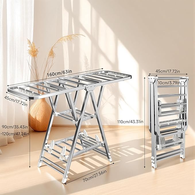 MIKEE Clothes Drying Rack,Stainless Steel Foldable Laundry Drying Rack with Height Adjustable Wings,Clothes Rack with Shoe Rack,Windproof Hanging Holes and Wheels，132 lb,Indoor Outdoor Use