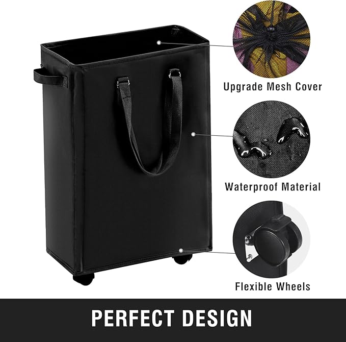 Slim Rolling Laundry Basket, Slim Laundry Hamper with Wheels and Adjustable Long Handles, 45L Small Laundry Baskets with Mesh Top for Bedroom, Closet, and Bathroom - Black
