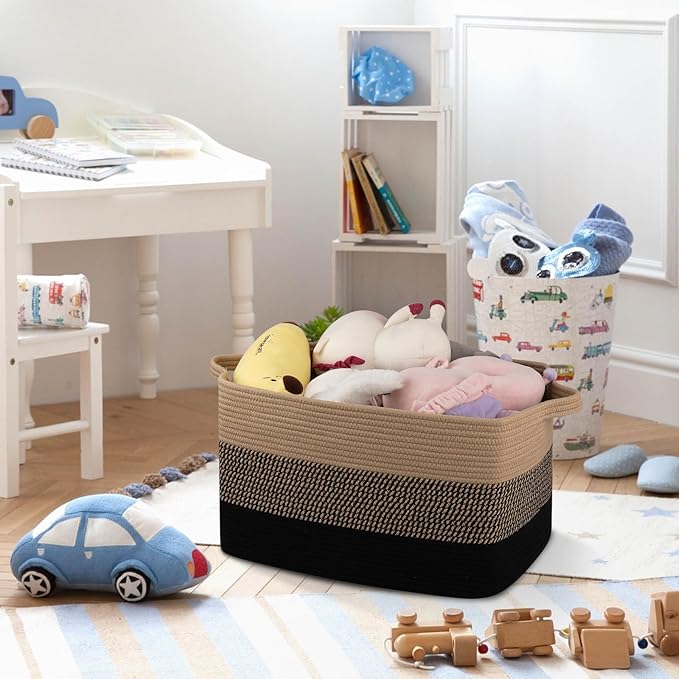 OIAHOMY Large Storage Basket, Cotton Rope Woven Blanket Basket, Toy Bin for Baby Room, Container for Blanket Storage in Living Room, 20''×16''×12'', Brown & Black