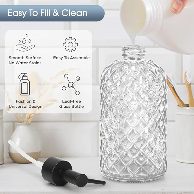 2 Pack Gem Glass Soap Dispenser with Black Plastic Pump, 13oz Liquid Hand Soap Dispenser, Rustproof Pump for Kitchen & Bathroom, Great for Lotions, Essential Oil, Liquid Soaps-Clear