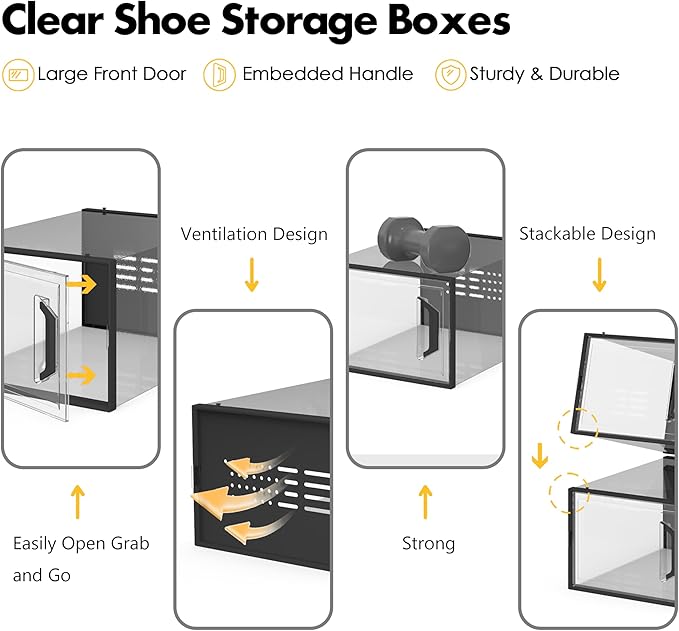 SEE SPRING X-Large Shoe Storage Box Fit Size 11, Clear Plastic Stackable Shoe Organizer for Closet, Space Saving Sneaker Shoe Rack Containers Bins Holders for Entryway, Under Bed, 12 Pack Black