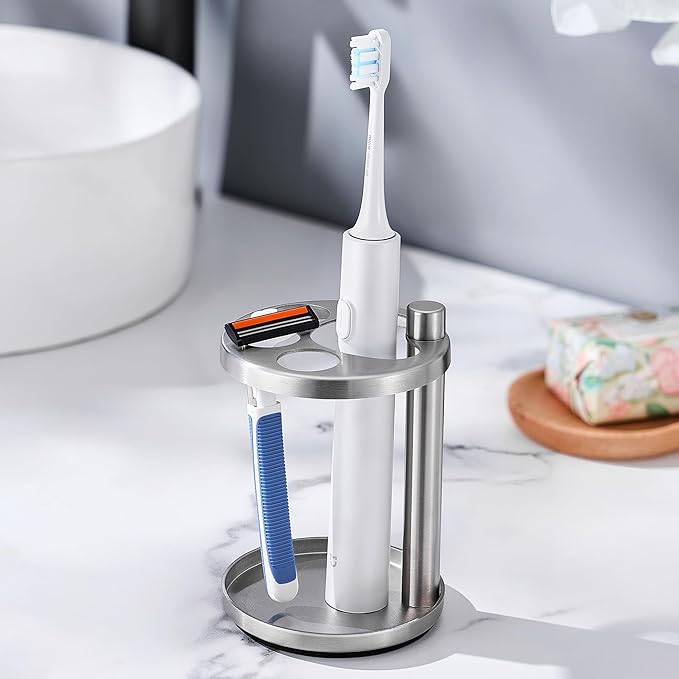 Toothbrush & Toothpaste Holder for Bathroom Countertop, Metal Electric Toothbrush Stand with Razor Slot, Ideal Design Caddy for Kids & Family, Brushed Silver