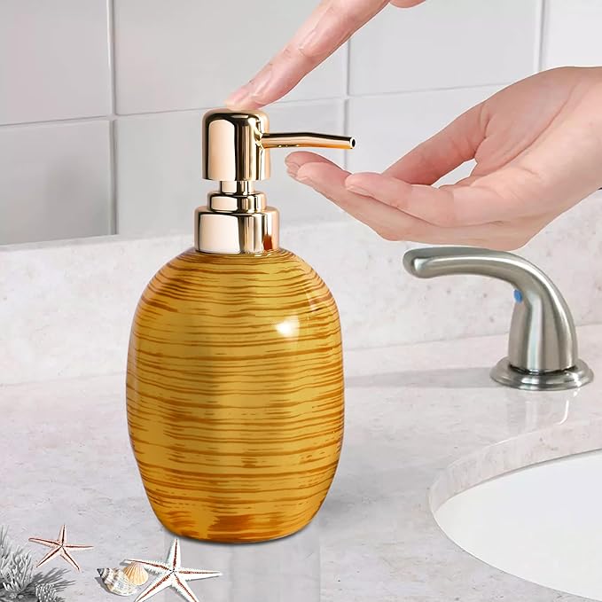 Bathroom Accessories Set, 3 Pcs Marble Look Bath Set Soap Dispenser & Toothbrush Holder Set, Counter Top Restroom Apartment Decor Stuff, Ceramic Kits, Unique Gift, Yellow