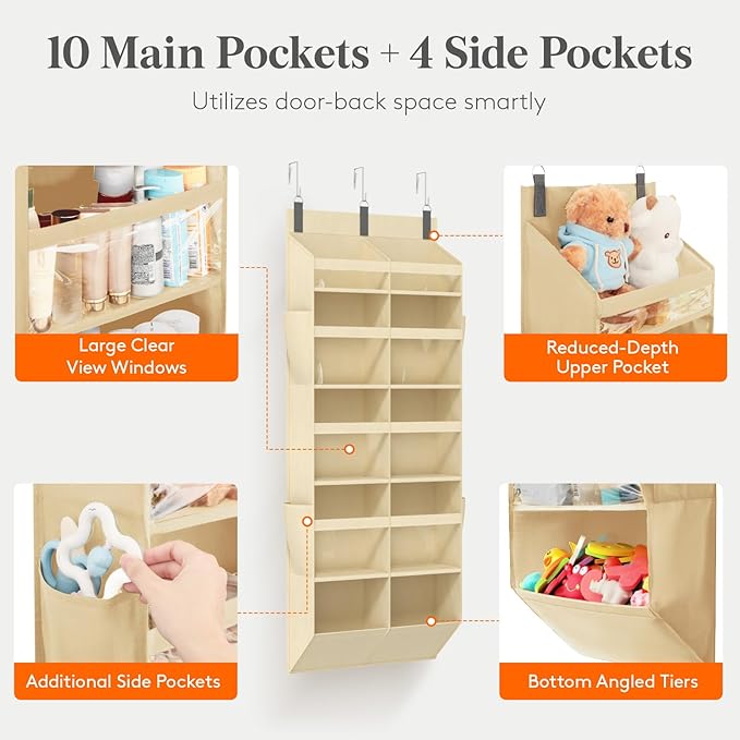 Lifewit 1 Pack Over the Door Organizer, Clear Window Hanging Storage with 4 Mesh Side Pockets, Anti Tilt 40 lbs Load Behind Door for Pantry, Nursery, Bathroom, Bedroom, Dorm, 10 Section, Beige