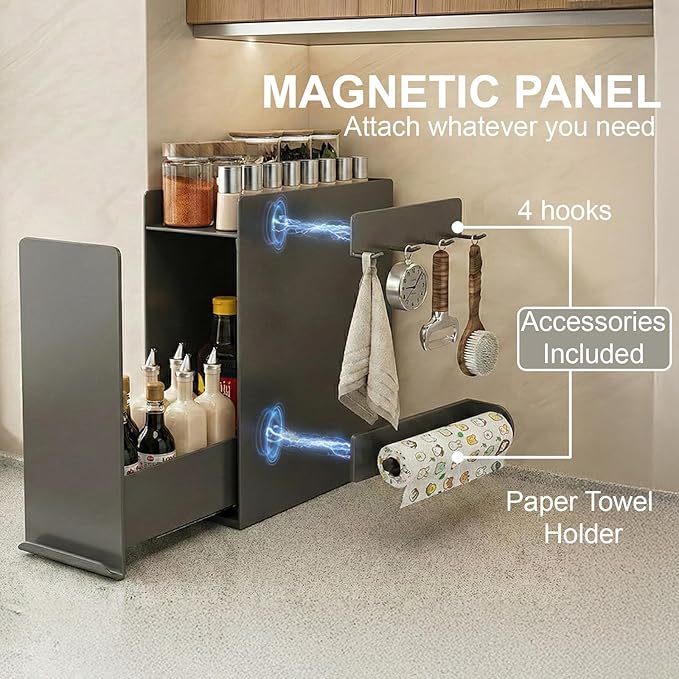 2 Tier No Assembly Pull Out Spice Rack Countertop, Sliding Drawer Seasoning Condiments for Tall Bottles, Steel Kitchen Organizer with Magnetic Panels with Paper Towel Holder and 4 Hooks
