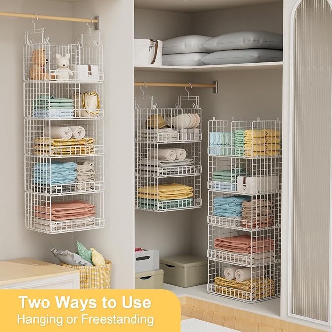 5 Tier Hanging Closet Organizer with Adjustable Dividers, Heavy-Duty Storage Shelves for Clothing, Kitchen, Laundry Room, Extra Large Baskets, 15.7" W x 11.8" D x 51" H, White