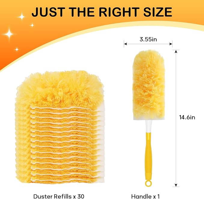 SetSail 30 Count Duster Refills Compatible with Swiffer Dusters for Cleaning with 1 Handle Disposable Duster Refill Multi Surface 360 Duster Cleaner Kit for Ceiling Fan, Blind, Furniture