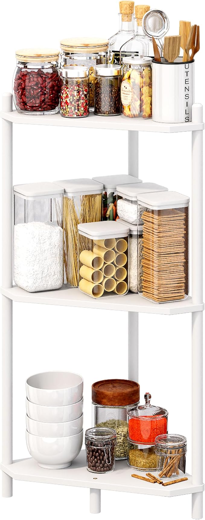 Corner Shelf Stand - 3 Tier Bamboo Small Corner Bookshelf for Office Kitchen Bedroom Plant Stand Living Room Decor Small Space (White，3 Tier)
