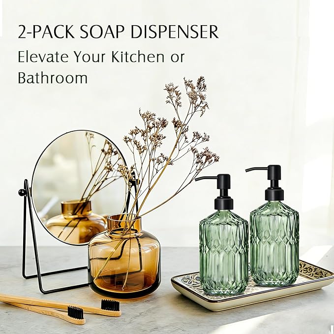 17 Oz Green Glass Kitchen Soap Dispenser for Dish Soap, 2 Pack Bathroom Soap Dispenser Set with Black Rust Proof Pump for Lotion, Hand soap or Body Wash
