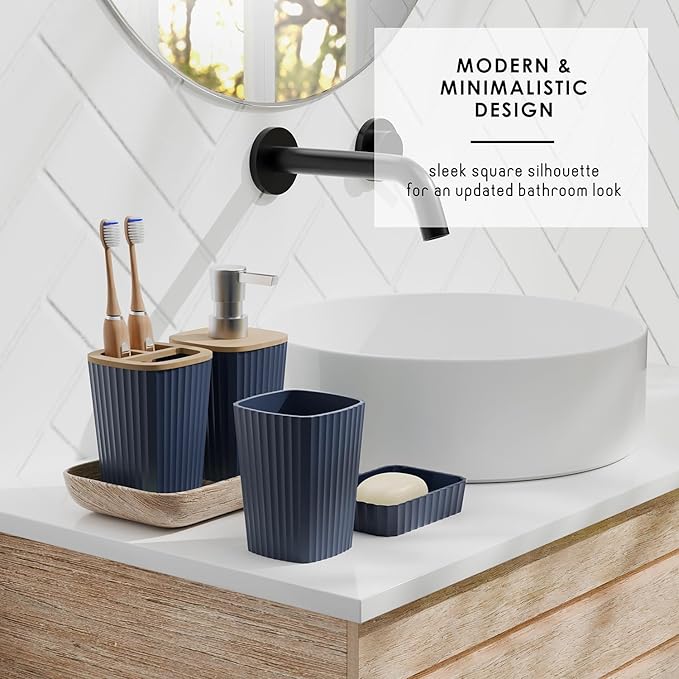 Clara Clark Bathroom Set - Navy Blue Bathroom Accessories Set, 6PC Bathroom Accessory Set, Bathroom Sets with Bathroom Rugs, Toilet Brush, Trash Can & Soap Dispenser