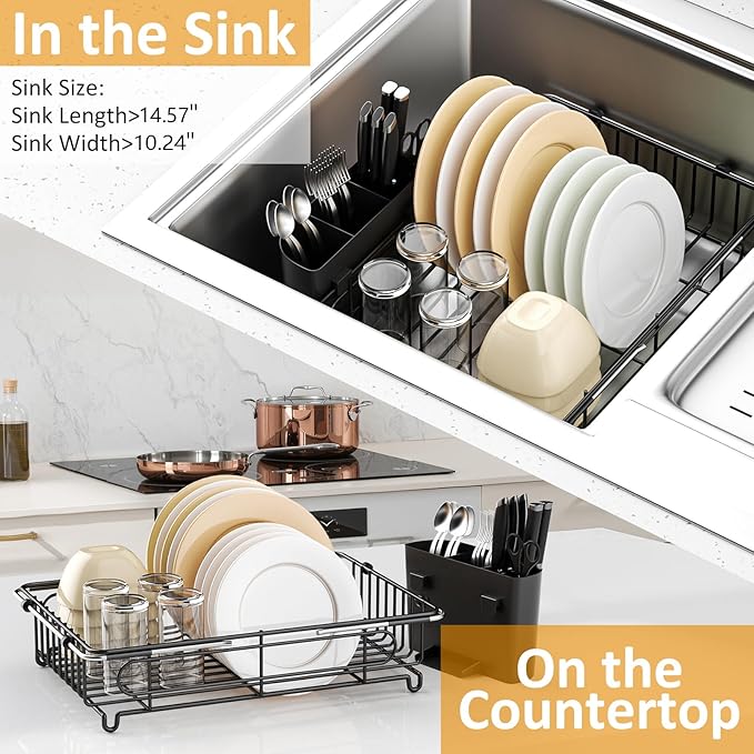 Expandable in Sink Dish Drying Rack,Small Dish Rack Over Sink with Utensil Holder,Stainless Steel Dish Drainers for Kitchen Counter,Sink Drying Rack for Small Space,14.57“-20.87”L x 10.24“W x 2.76”D
