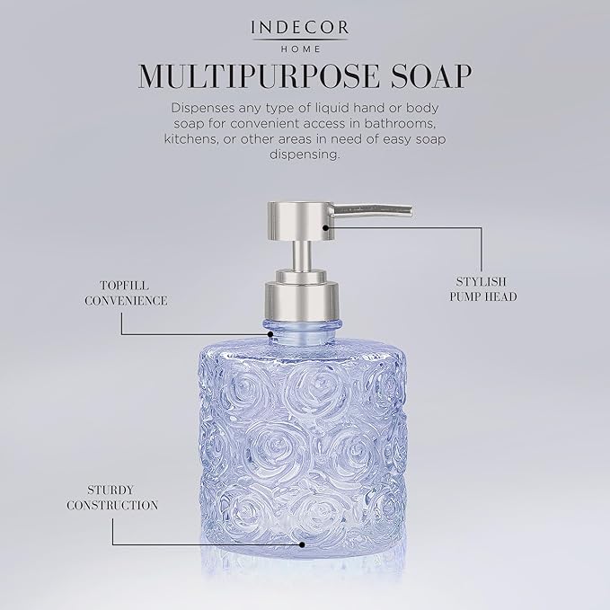Marcella Glass Soap Dispenser with Soap Pump, Refillable 14 Ounce Capacity, Floral Design Rose Patterns, Heavy Weight Thick Glass for Bathroom, Premium Kitchen Soap Dispenser Cornflower Blue