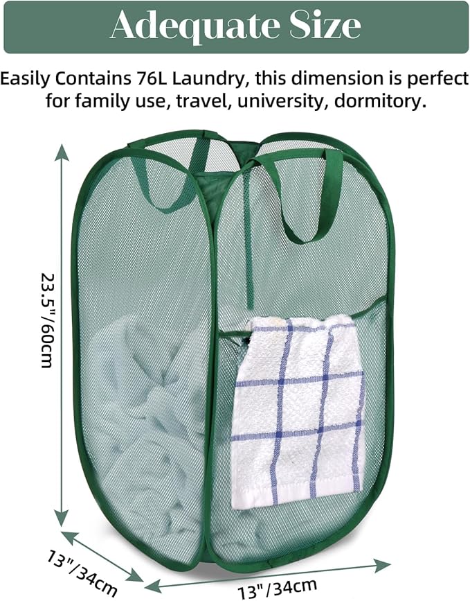 Durable Collapsible Laundry Baskets, Tear-resistant Pop Up Hamper for Laundry, Foldable Clothes Hamper with Reinforced Carry Handles Handy Pocket for Laundry Room, Bathroom, Dorm or Travel Emerald