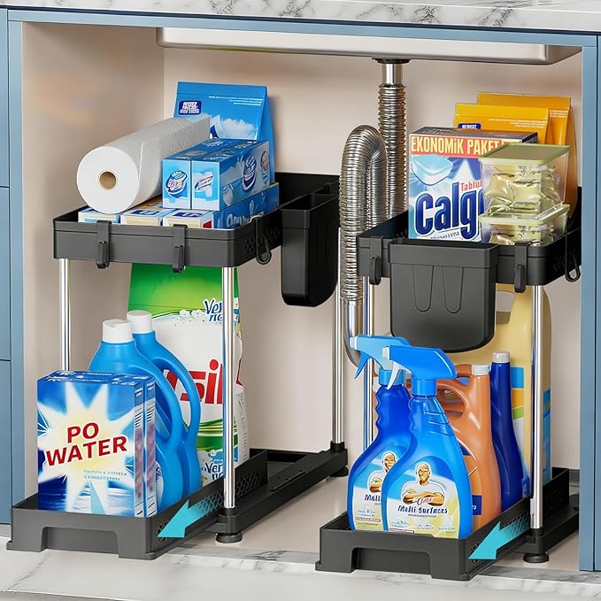 Under Kitchen Sink Organizer, 2-tier Under Sink Organizers and Storage for Kitchen & Bathroom, Multi-Purpose Pull Out Under Cabinet Organizer with Hooks Hanging Cup (Black, 2 Pack)
