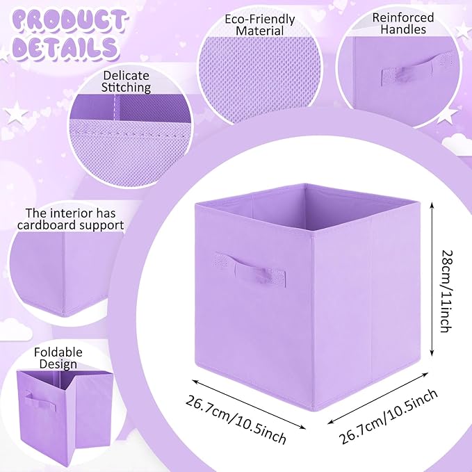 Yinder 12 Pcs Cube Storage Bin Purple 11'' Storage Bins for Playroom Decor Colorful Bins for Kids Foldable Baskets for Nursery Organizer Boxes Fabric Boxes