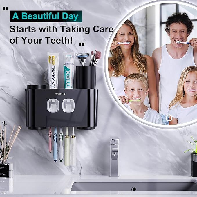 Toothbrush Holder,Multi-Functional Wall Mounted Toothbrush Holder,Toothpaste Dispenser for Bathroom with 2 Toothpaste Squeezers,5 Toothbrush Slots and 4 Cups(Black)