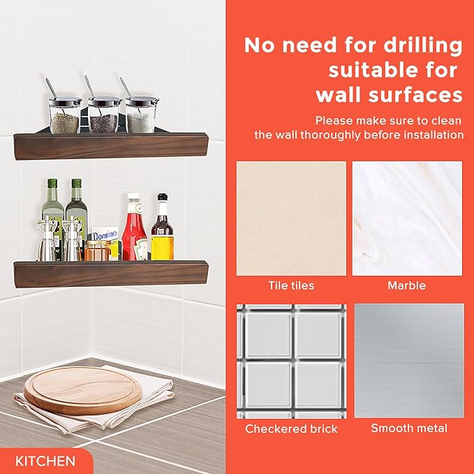 Bathroom Corner Shelf 1-Pack, Shower Shelves Corner with High Guardrail - No Drilling Shower Caddy, Solid Walnut Finish Aluminum Shelf
