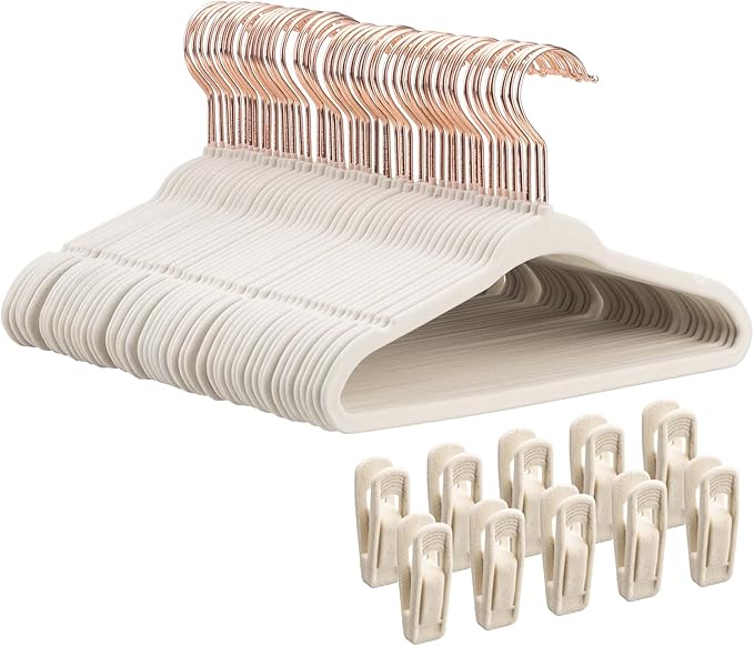 50-Pack 11 Inch Baby Closet Hangers with 10 Clips - Soft Velvet Non-Slip Hangers for Infant & Toddler Clothes (Beige)