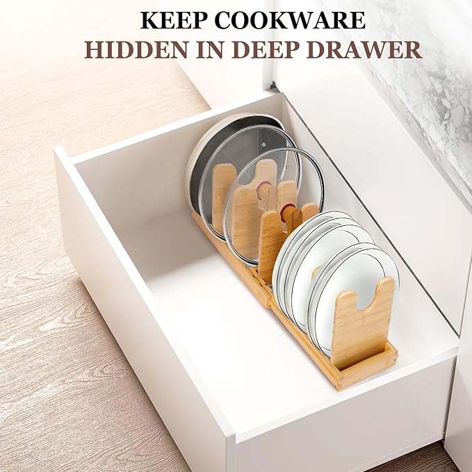 Bamboo Pot Lid Organizer, Pots and Pans Organizer Inside Cabinet, Pot Lids holder for Kitchen Countertop