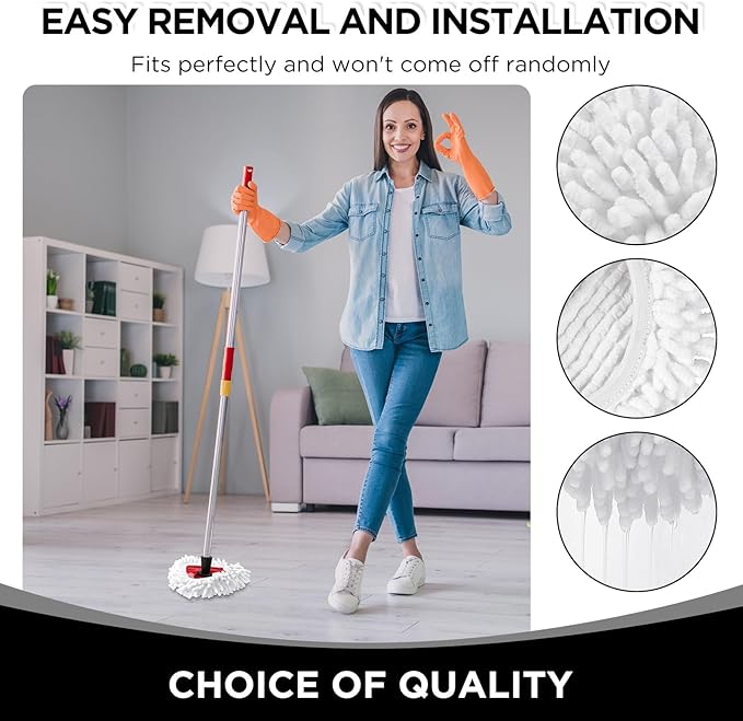 Baderke 3 Pack Chenille Mop Heads Replacements Compatible with 1 Tank System Chenille Duster Replacement Heads Microfiber Spin Mop Refill Pads Reusable Dust Refills for Floor Cleaning (White)