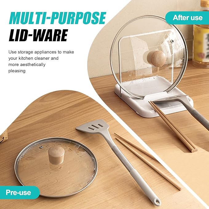 Foldable Pot Lid Organizer with Spoon Rest, Heat-Resistant & Nonslip ABS Utensil Holder for Stovetop and Countertop, White Kitchen Space Saver ﻿