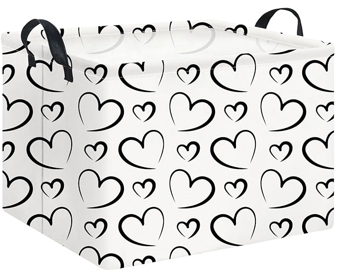Rectangular Black Storage Basket,Gift Basket Empty,Heart Print Toy Bin with Handles,Kids Toys/Books Box,Room Decor(Black Heart)