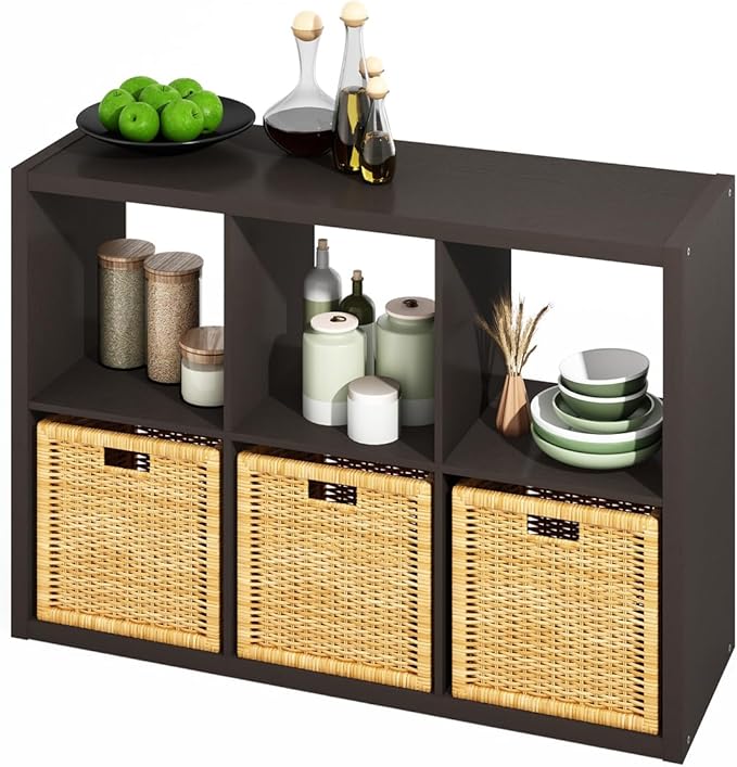 Furinno HERMITE Kitchen Island, 6-Cube Coffee Bar, Extra Thick Kitchen Storage, Bakers Rack, for Pantry Organizers and Storage, Kitchen Organization, Black Dark Oak