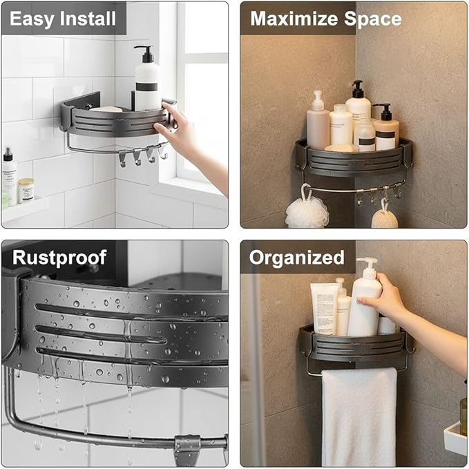 2-Tier Corner Shower Caddy, No Drilling Shower Organizer with Towel Bar and Hooks, 11.8x8.9x2.6 in Adhesive Shower Shelf, Rustproof Aluminum Bathroom Corner Storage