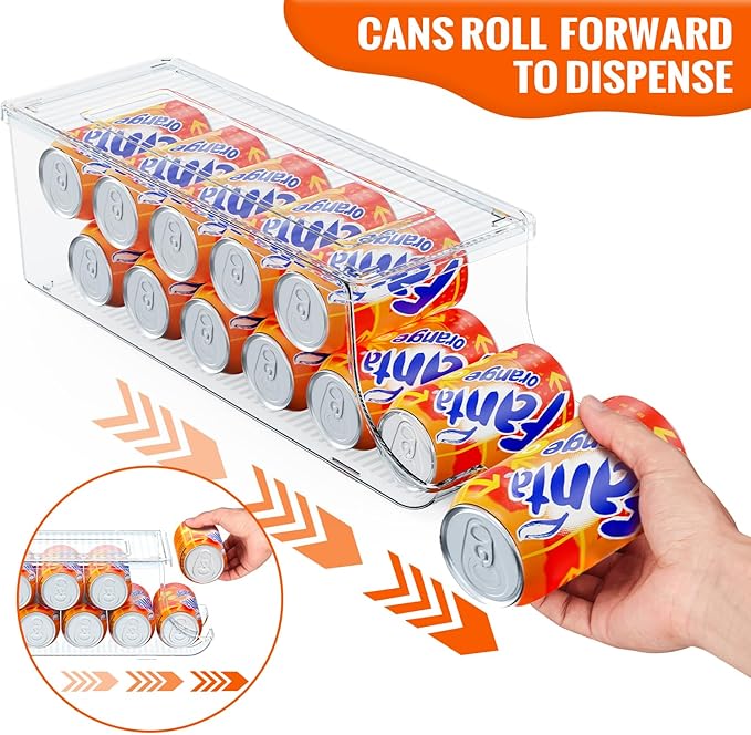 4 Pack Soda Can Organizer for Refrigerator, Stackable Canned Food Pop Cans Container Can Holder Dispenser with Lid for Fridge Rack Freezer, Clear Storage Bins-Holds 12 Cans Each (Transparent)