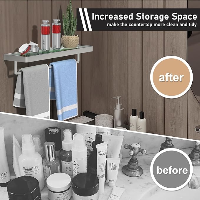 SFGSOWOR Glass Floating Shelves for Wall, Brushed Nickel 20 Inch Tempered Glass Rectangular 1 Tier Organizer Shelf for Bathroom