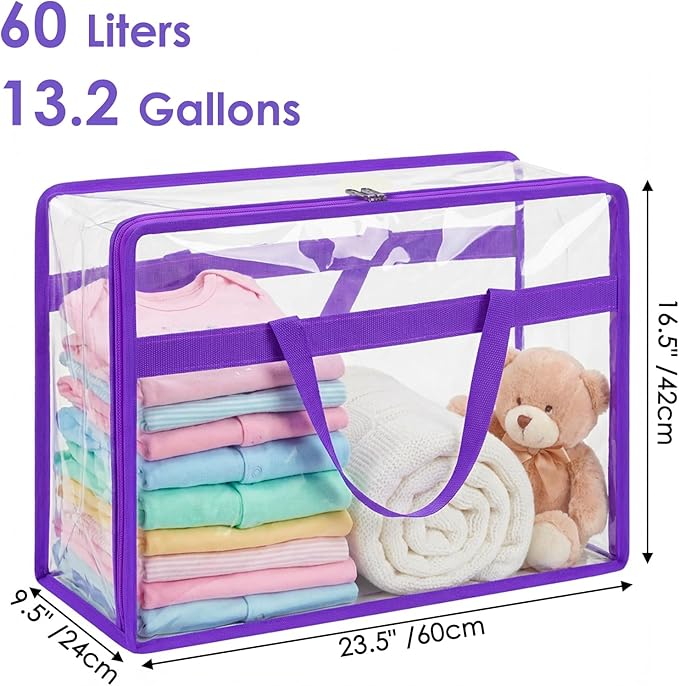 SGHUO Clear Storage Bags 60L Extra Large Plastic Vinyl Blanket Storage Bag for Clothes, Comforter, Bedding, Moving Bags with Zipper and Reinforced Handle (4pcs, Purple)