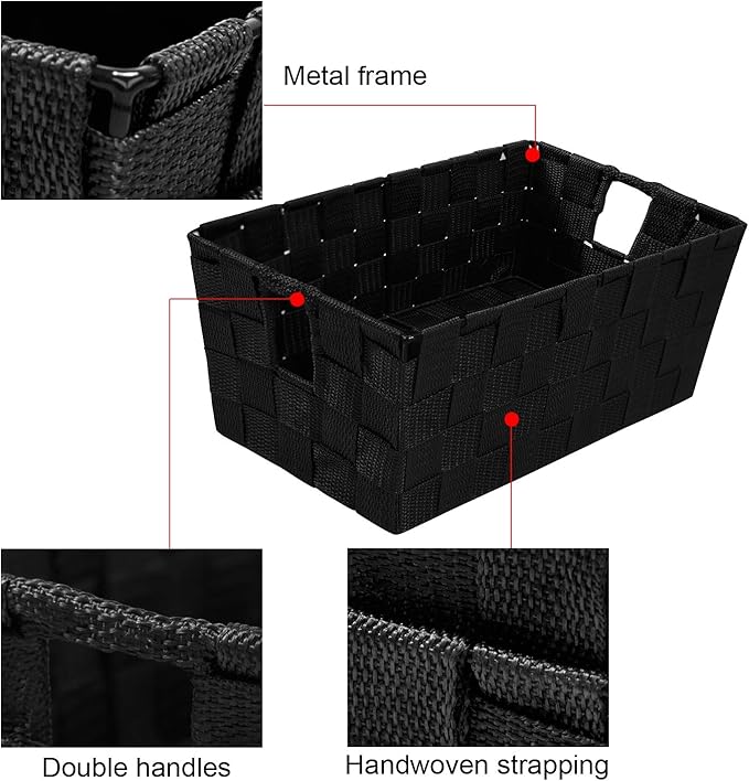 homyfort Woven Black Storage Baskets Shelf Tote Boxes Container, Durable Storage Organizer Bins with Built-in Handles for Bedroom, Office, Closet, Kids Room, Nursery, 3-Pack,11.4”x 6.5”x 4.5”