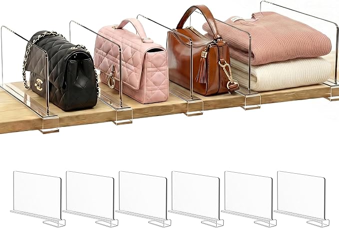 Shelf Dividers Purse Organizer for Closet: 6-inch Tall(Shorter Version) Acrylic Handbag Organizer - Small Space Separator for Clutches Evening Bags Pouches Mini-Bags on Wood Shelves 6-Pack