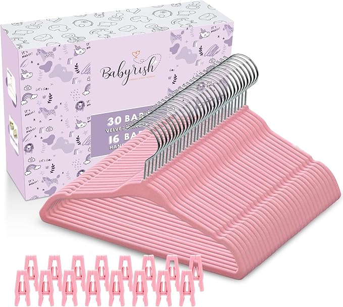 Velvet Baby Hangers with Clips (30 Pack) | 11” Ultra-Slim Baby Clothes Hangers | Non-Slip Felt | Space-Saving Nursery & Infant Closet Organizer | Pink