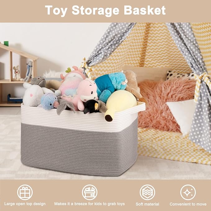 OIAHOMY Extra Large Blanket Basket, 95L Woven Storage Basket, Cotton Rope Toy Bin for Baby Room, Container for Storage in Living Room, 24''×17''×14'', Grey & White
