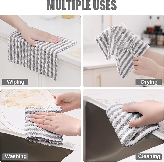 Homaxy 12 Pack Kitchen Dish Cloths, Ultra Soft and Absorbent Dish Towels, Reusable Fast Drying Microfiber Cleaning Cloth, Coral Velvet Wave Design No-lint, 10 x 10 inches, Grey