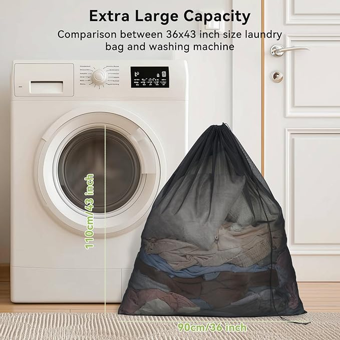 OTraki Ex-Large Mesh Laundry Bags 36x43 Inch Drawstring Laundry Bag 2 Pack Dirty Clothes Mesh Net Bag Heavy Duty Travel Storage Organize Bag for Hotel Beach,Don't Drying, Melting 140-176℉ Black