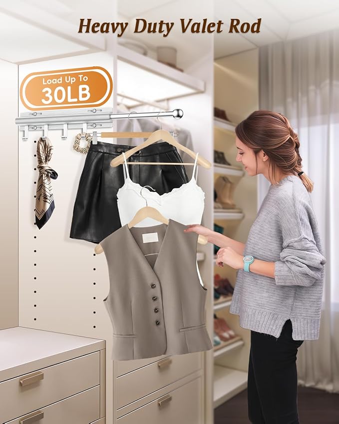 Valet Rod for Closets, 12" Valet Rod With 4 Hooks, Closet Organizer Slide Out Clothing Hanger Rods Extender Perfect for Suits,Dresses,Belt,Tie, Black